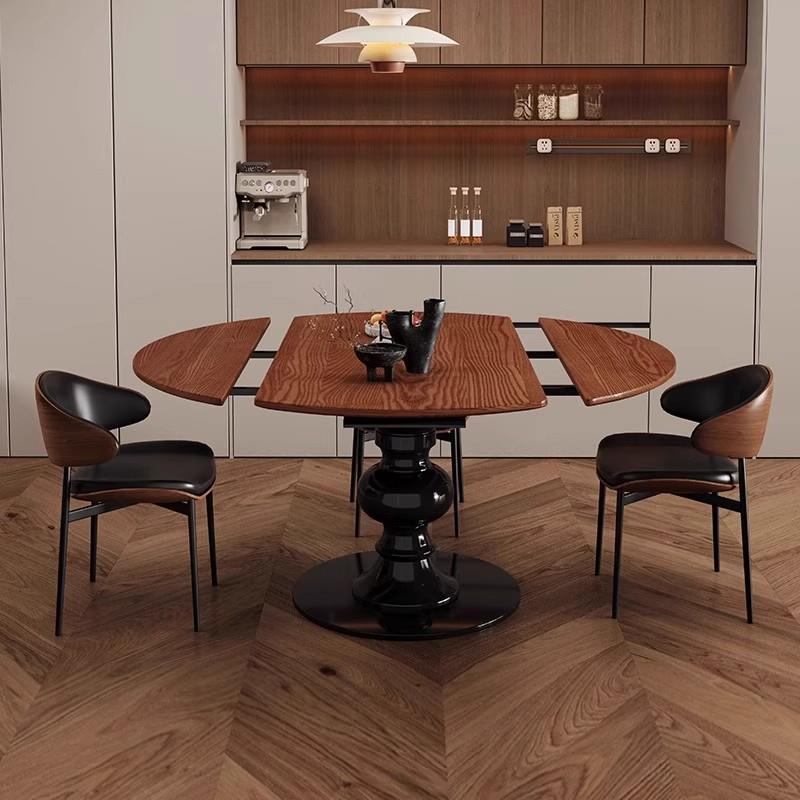 设计师款法式中古风可伸缩折叠实木圆形餐桌椅小户型沙漏白蜡木桌