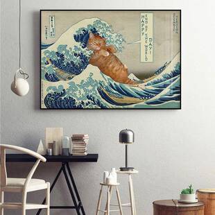 肥猫浮世绘葛饰北斋餐厅日式装饰画神奈川冲浪里富士山海浪挂画