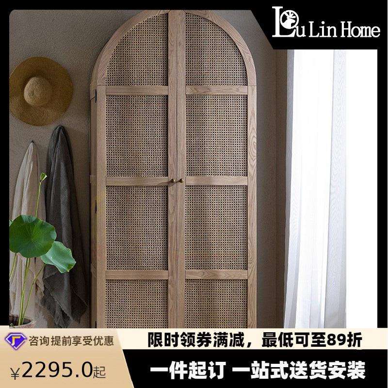 日式创意衣橱现代简约藤编双门衣柜家用卧室实木储物柜收纳柜北欧