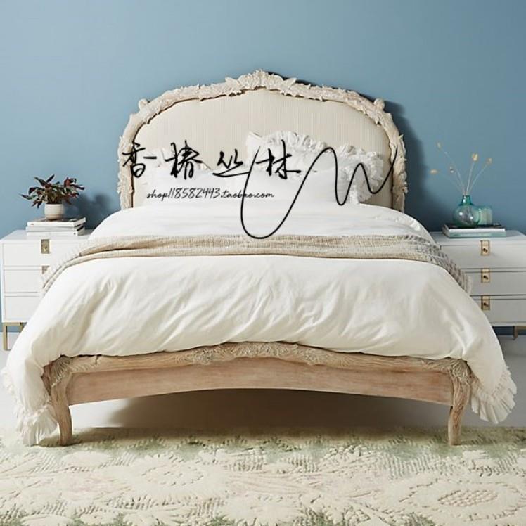 美式乡村复古做旧橡木床欧式雕花实木园床法式仿古双人软包婚床