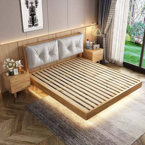 现代简约北欧实木床1米8实木悬浮床带灯双人床1米5单人床儿童床架