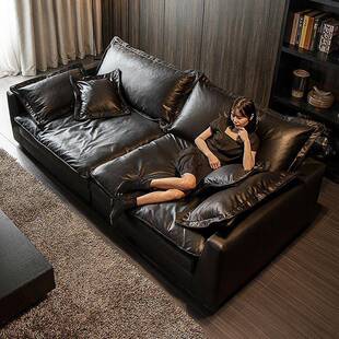 意式皮艺沙发简约现代轻奢直排小户型沙发乳胶真皮大坐深羽绒坐垫