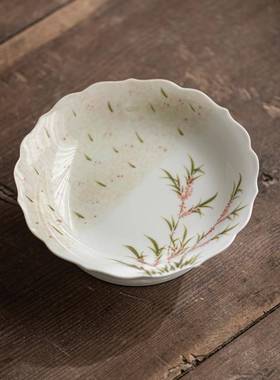 釉下彩手绘瑞秋杏雨壶承花瓣仿宋花口茶器托碟茶具茶室陶瓷盘