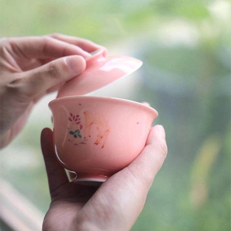 沐云言物一鹿莲升釉上彩清新盖碗手绘茶壶粉色陶瓷手工拉胚泡茶碗