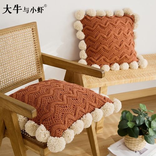 INS风复古毛绒针织球球抱枕含芯靠枕套床头民宿靠垫客厅沙发抱枕