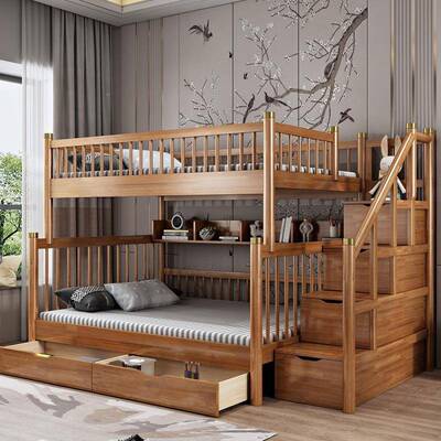 新中式实木子母床胡木儿童床上下床户60336简约小型床现代高低双