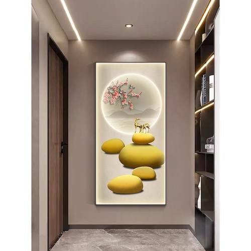 新中式入户玄关装饰画石来运转走廊过道挂画现代高档客厅灯画壁画