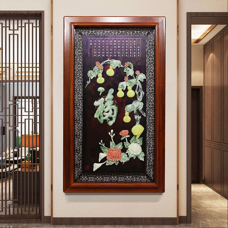 玄关装饰画中式浮雕背景墙面楼梯过道走廊墙壁实木3D立体玉雕挂画