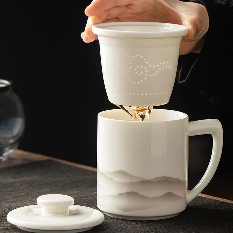 羊脂玉千里江山泡茶杯陶瓷茶水分离杯带盖过滤logo马克杯白瓷杯子