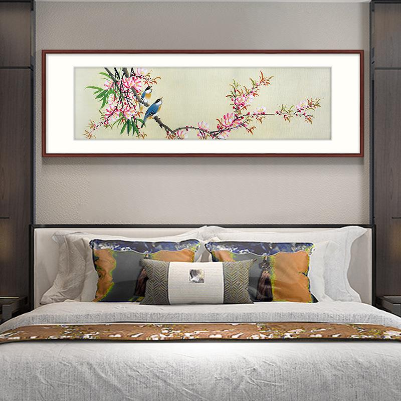 新中式花鸟画 卧室床头装饰画 客厅酒店海棠桃花国画挂画紫藤壁画