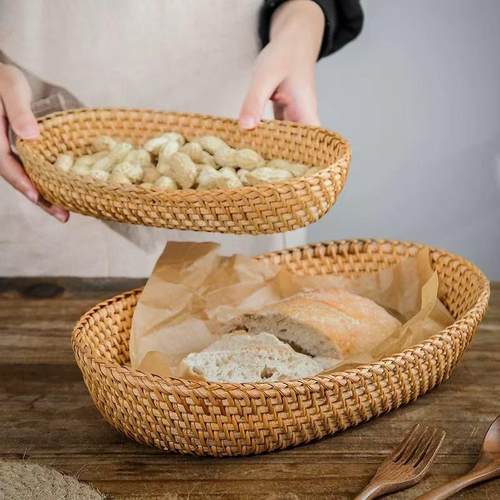 竹编果篮两件套水果蔬菜点心收纳篮藤编收纳篮手工藤编篮