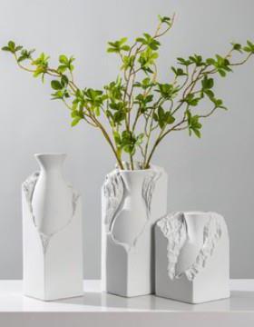 新中式现代极简白色浮雕石头陶瓷花瓶摆件样板间玄关室内软装饰品