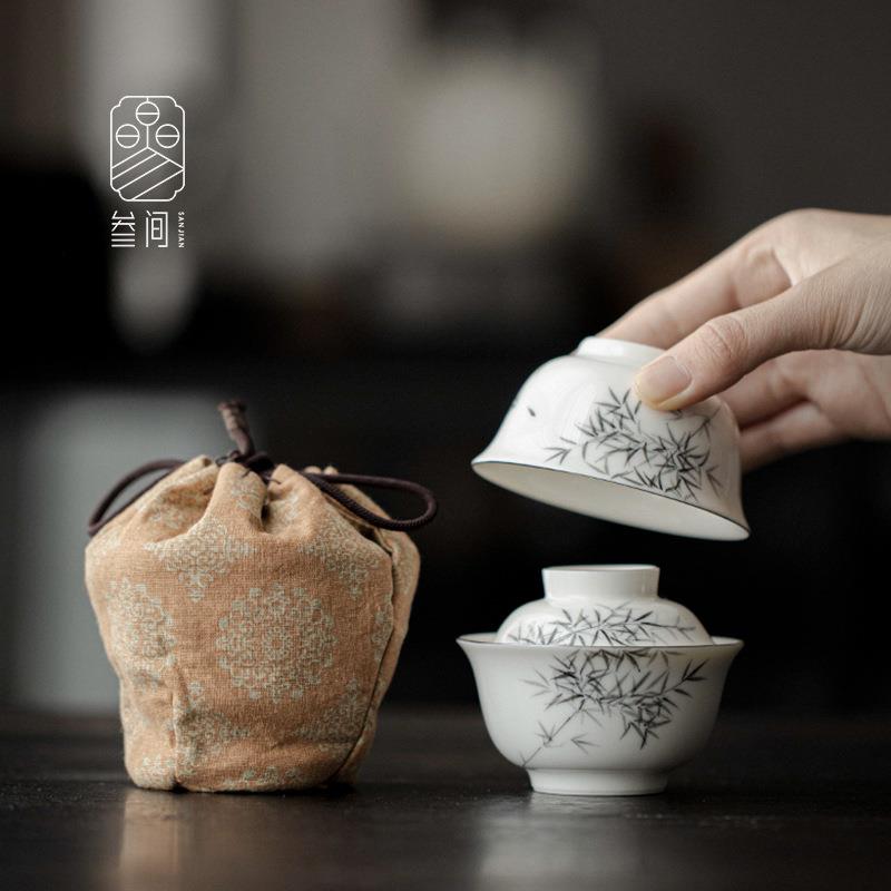 叁间手绘竹子盖碗茶杯套装小清新便携式收纳袋户外旅行茶具泡茶碗