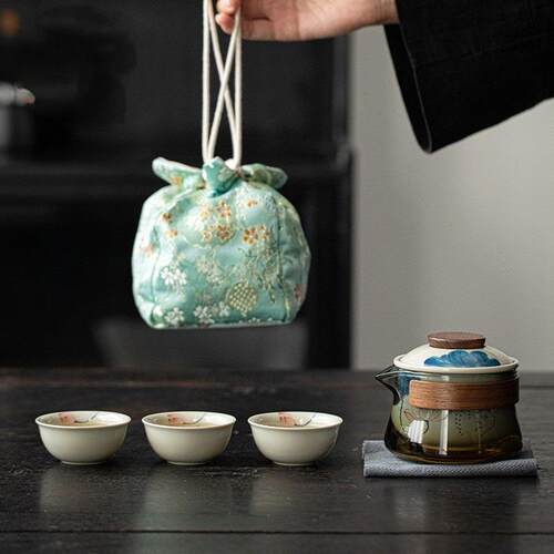 手绘快客杯一户三杯茶道玻璃旅行茶具套装户外泡茶壶便携收纳包