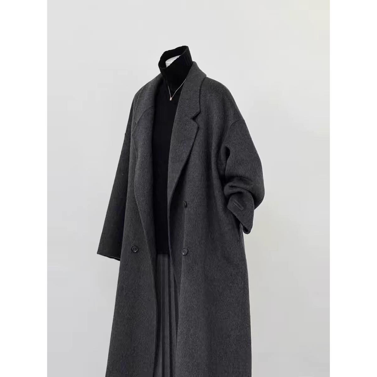 黑灰色双面羊绒大衣女2025秋冬新款韩系宽松中长款高端羊毛呢外套