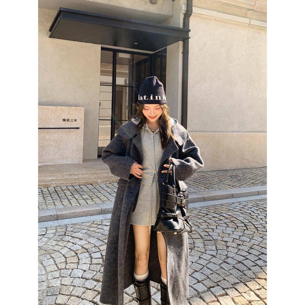 切糕自制小个子女秋冬新款灰色大衣女气质韩版时尚长款毛呢外套