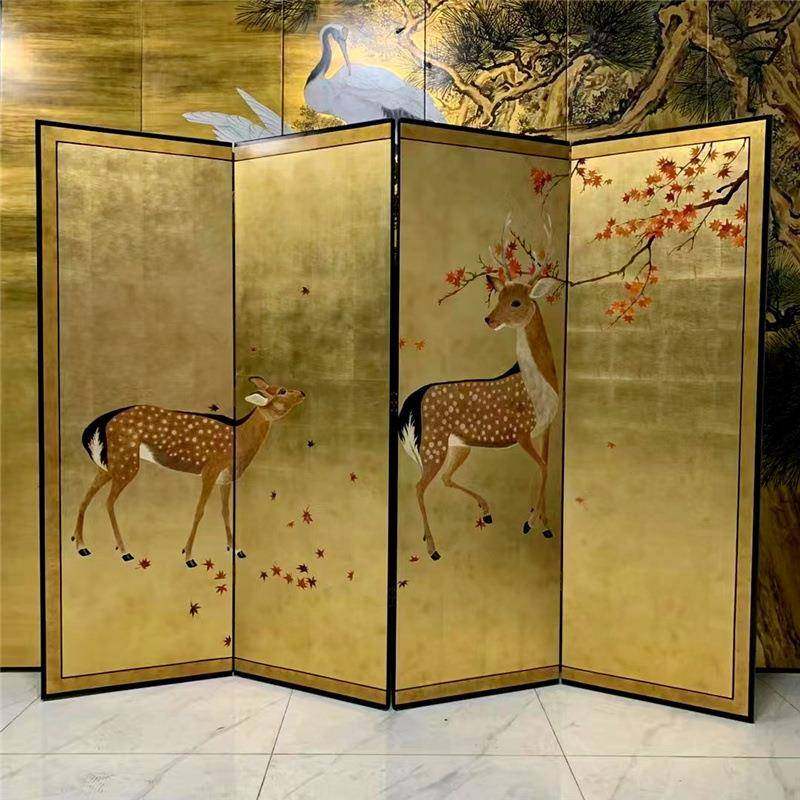 金箔屏风手绘双福鹿漆画中式待客厅办公室茶室背景隔断可移动折叠