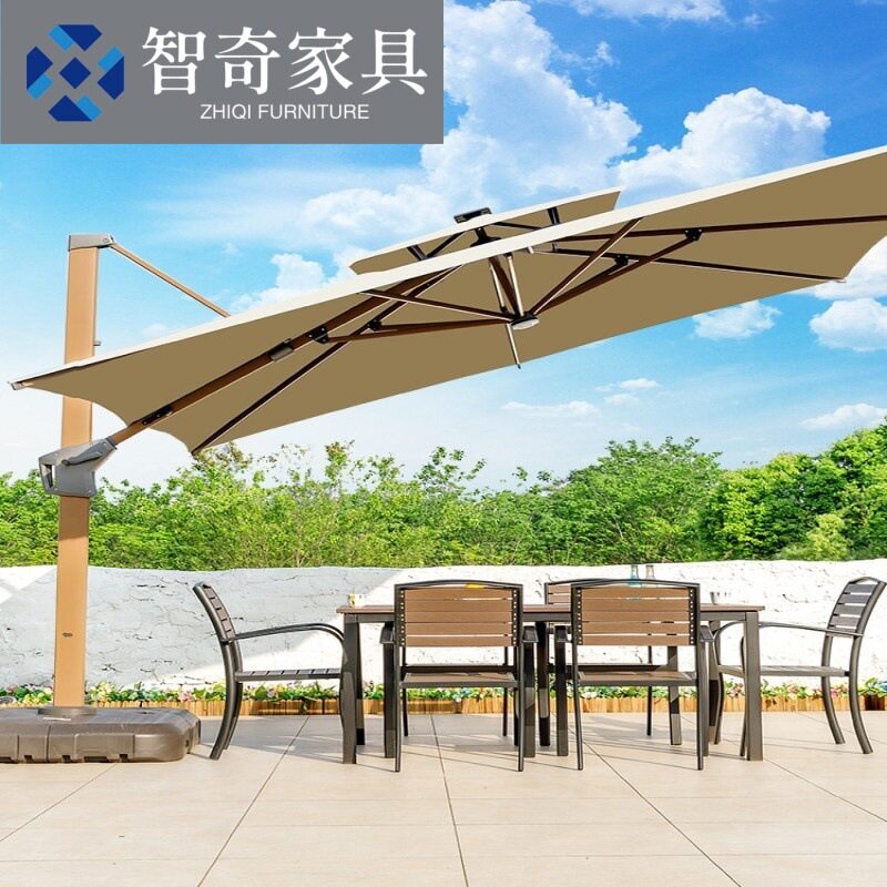 现货黑金钢遮阳伞户外四角伞室外阳篷防风太阳能LED灯圆形罗马伞