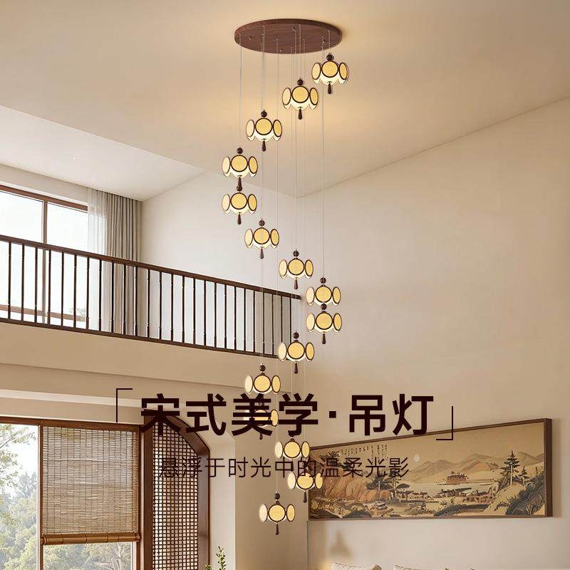 新中式吊灯楼梯灯2025新款设计师公寓别墅复式楼梯间旋转长吊灯具