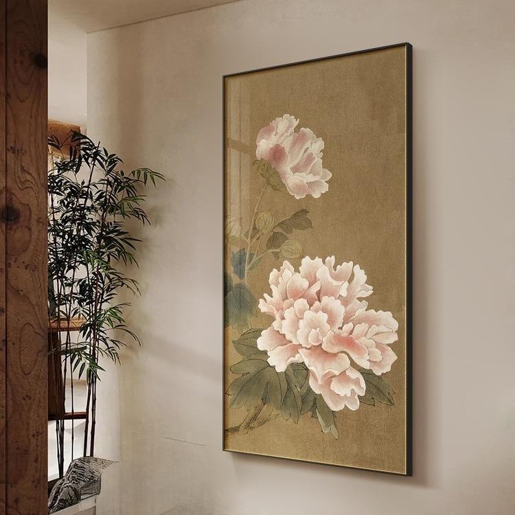 新中式玄关装饰画荷花牡丹好寓意入户正对门壁画走廊过道尽头挂画
