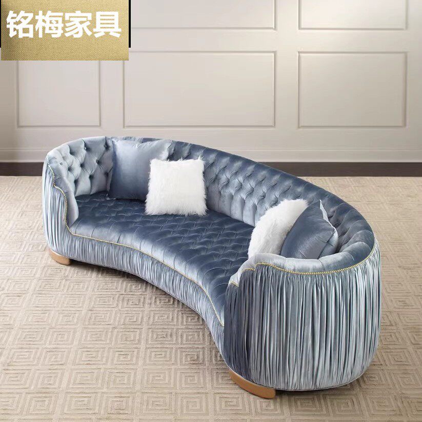 后现代墨绿色轻奢工作室样板房家具美式复古弧形丝绒褶皱休闲沙发