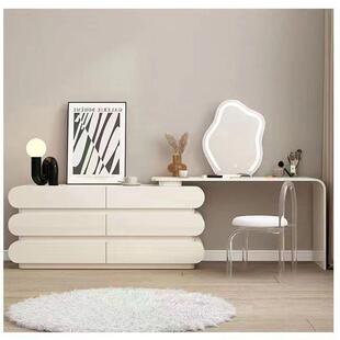 法式烤漆实木化妆台轻奢化妆镜一体化妆桌奶油风卧室梳妆台小户型