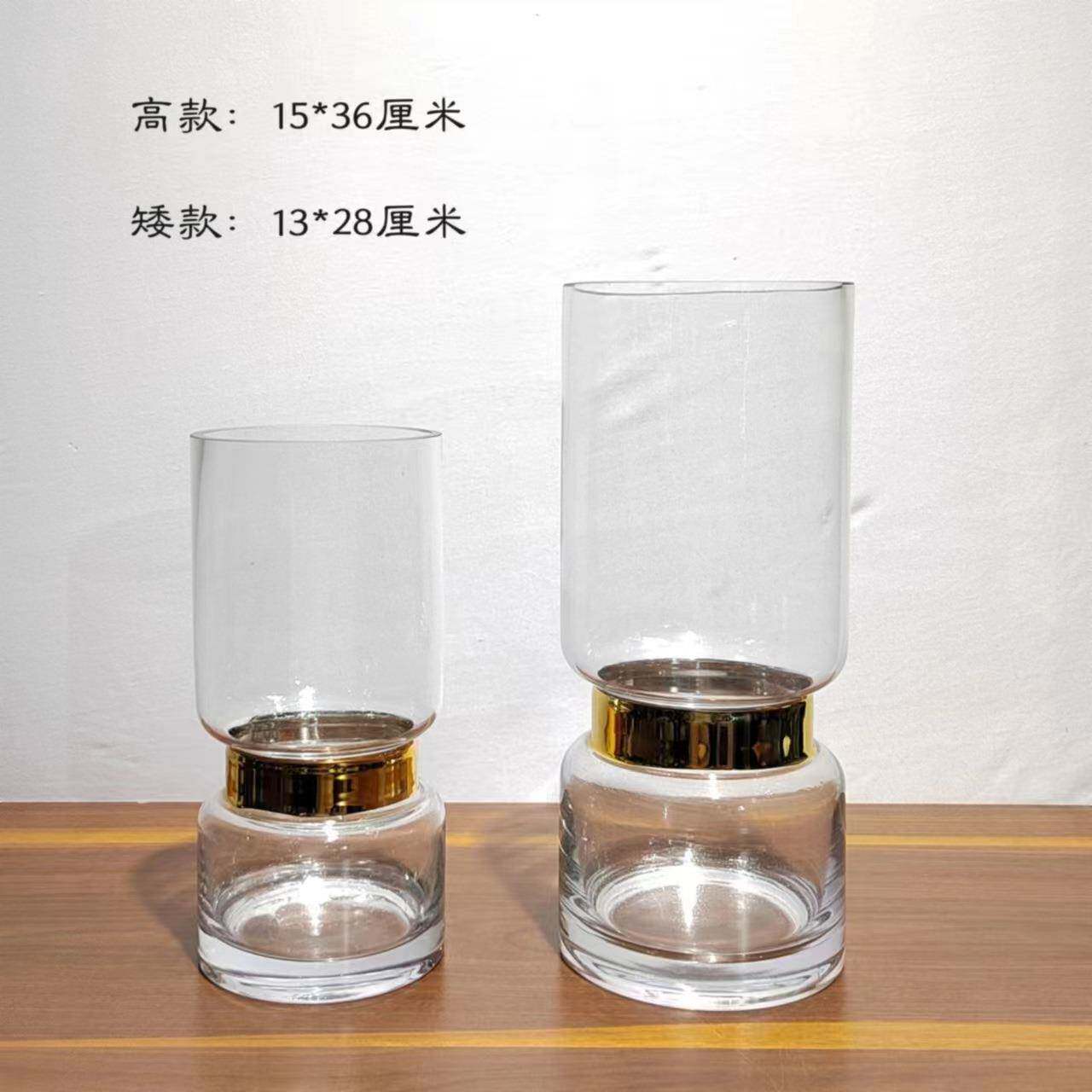 现代轻奢中间镀金水培玻璃花瓶插花装饰摆件家居桌面样板房陈列布