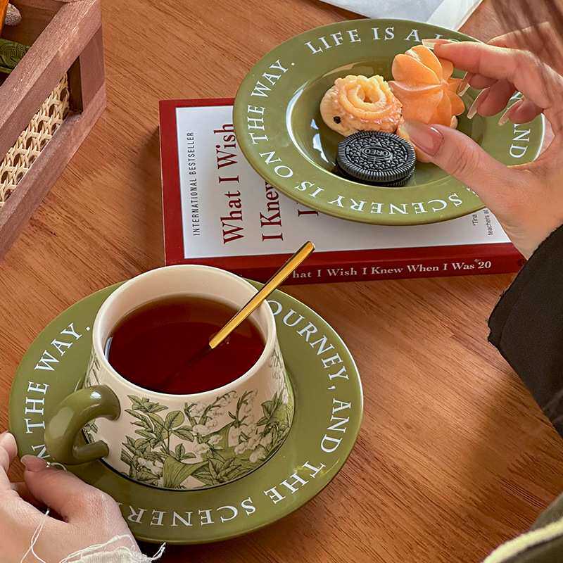 复古美式陶瓷杯碟中古风油画绿铃兰花咖啡杯碟赫本风下午茶马克杯