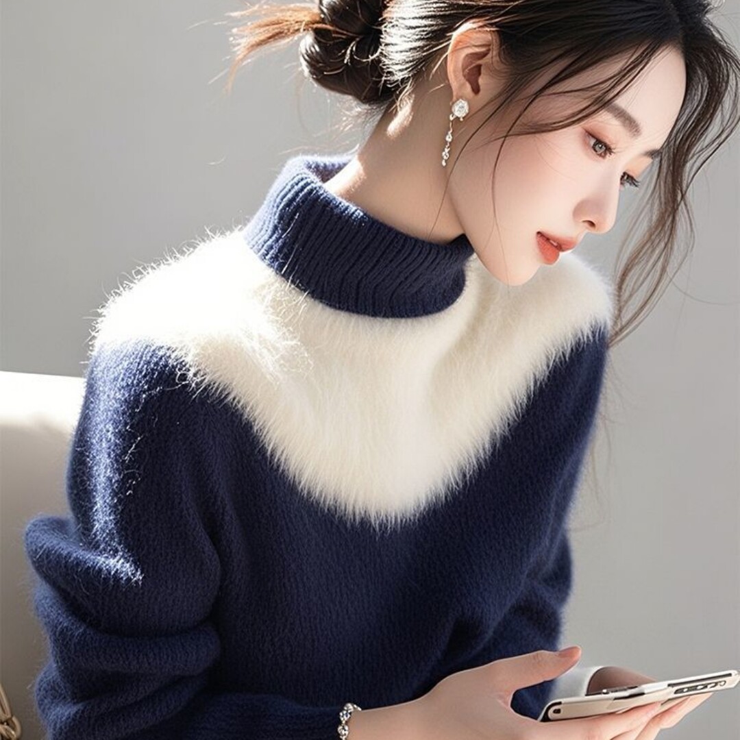 高级感超好看黑白拼色仿貂绒毛衣女2025冬季新款半高领上衣针织衫