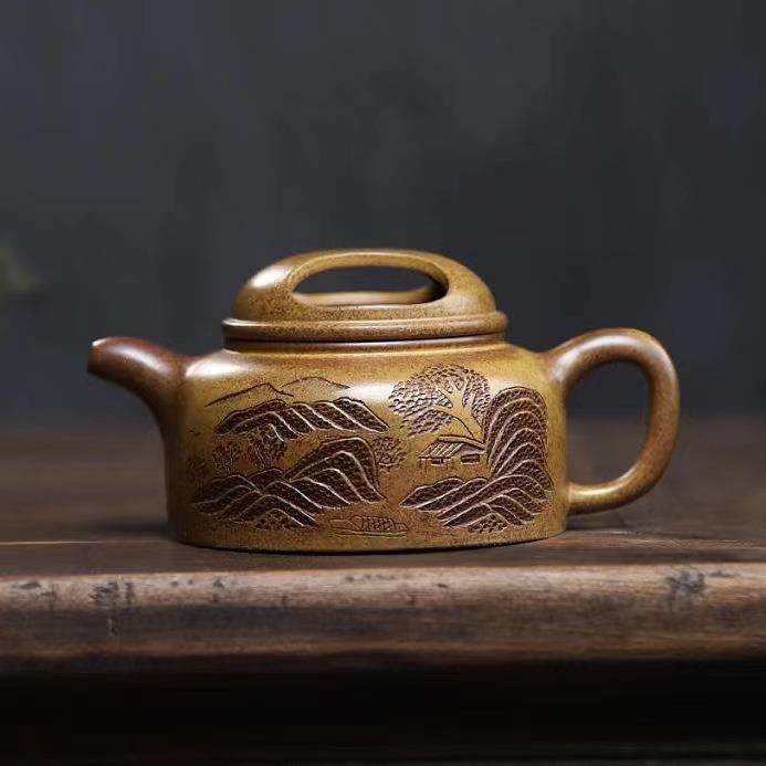 宜兴精品紫砂壶大容量纯全手工刻绘牛盖莲子泡茶壶云雾沉香泥