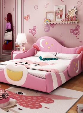 NRFK031#儿童床女孩卡通少女粉色公主床带护栏童趣单人1.2实木真