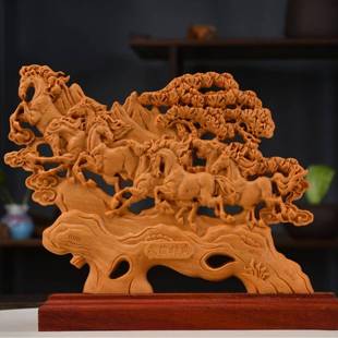 太行崖柏木雕八骏马马到成功实木雕刻动物根雕装饰摆件工艺品开业