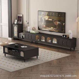 复古伸缩电视柜加边柜客厅美式高低组合柜黑色落地茶几轻奢高级感