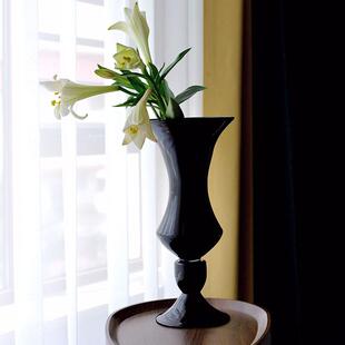 法式中古手工玻璃黑色高级花瓶高级感复古软装花器客厅卧室摆件