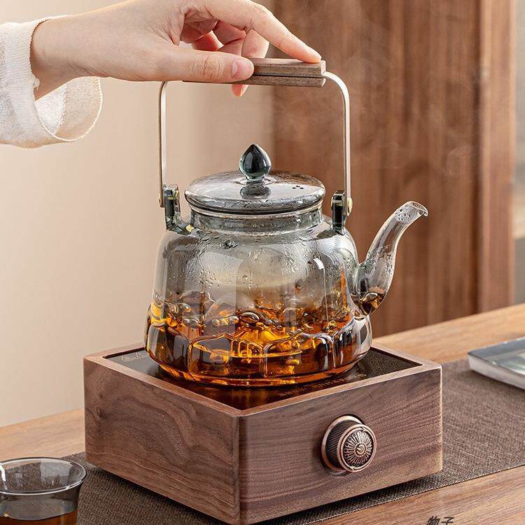 胡桃木电陶炉室内加厚玻璃耐高温白茶煮茶壶茶水分离煮茶器提梁壶