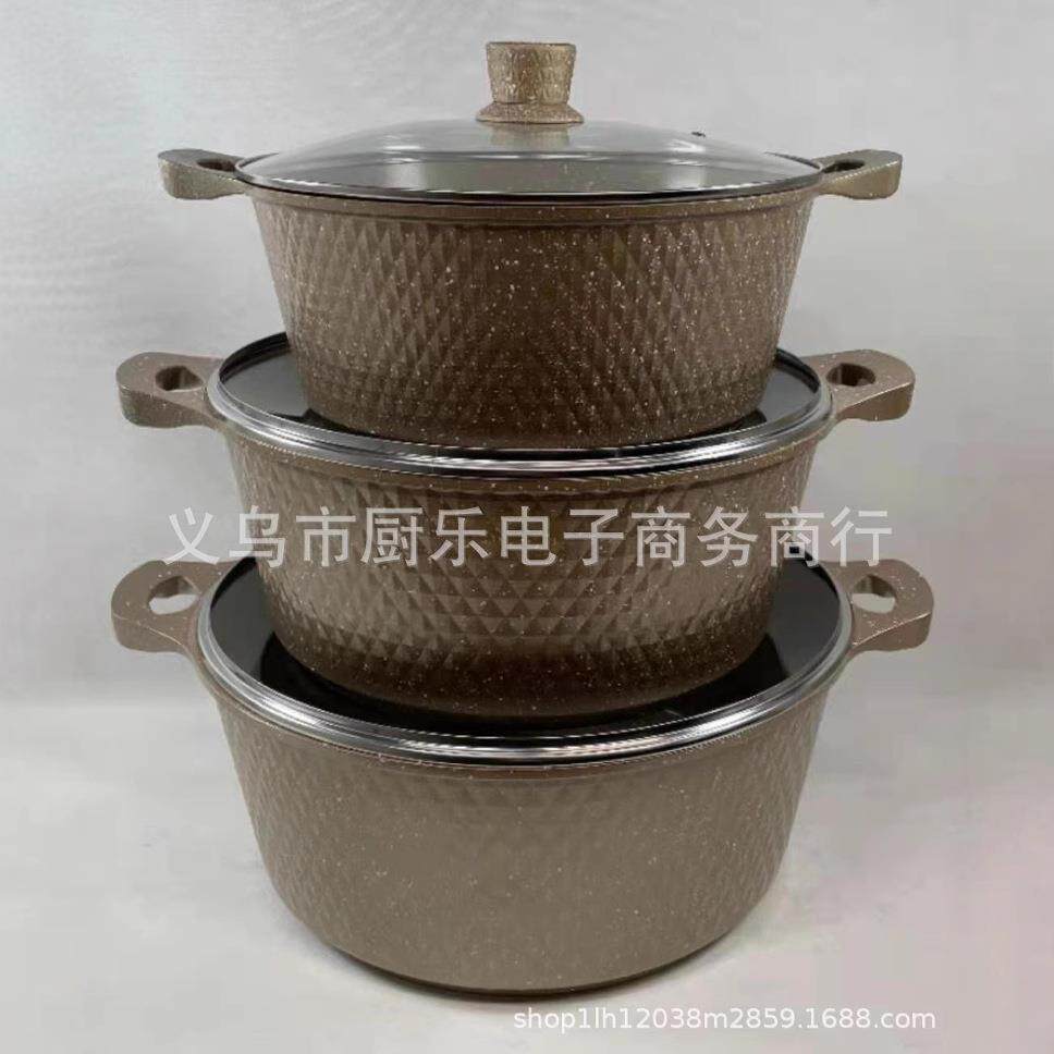 新款麦饭石铝压铸锅不粘锅套装汤锅小钻石亮外形6pcs
