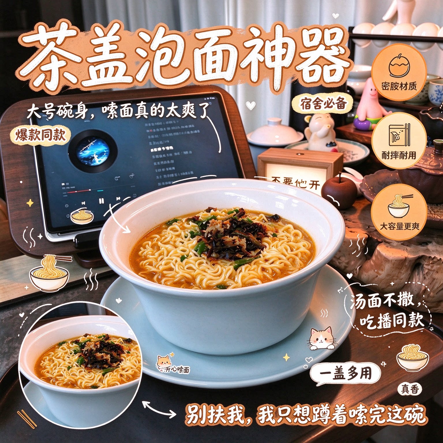 茶盖泡面神器带盖茶杯碗密胺材质大号宿舍必入一人食碗吃面碗耐用
