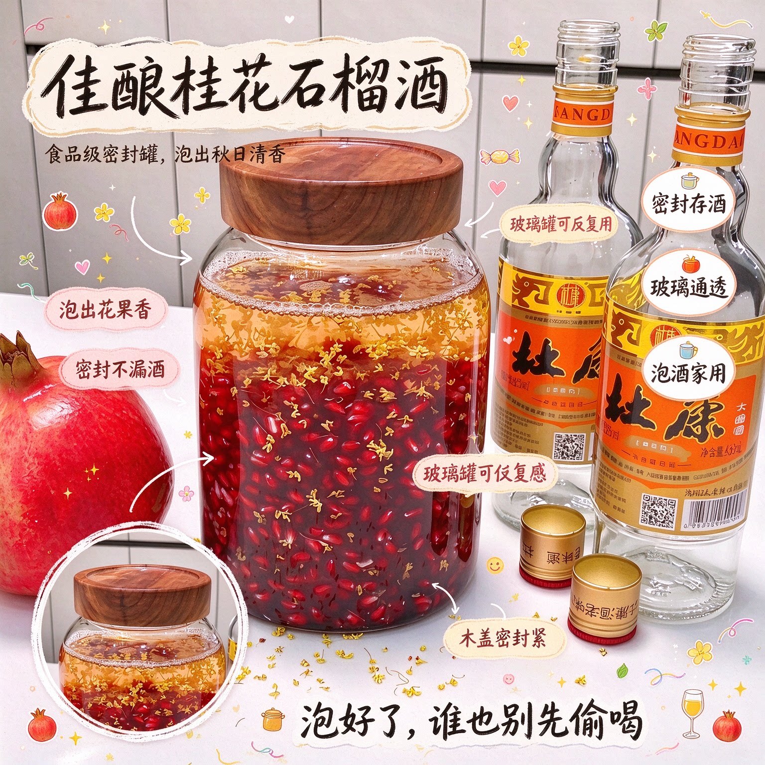 秋日佳酿石榴桂花酒专用食品级大容量泡酒透明玻璃瓶果酒密封罐子