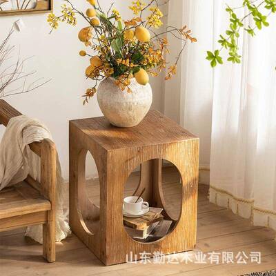 家居饰古装实KTY木复茶几老榆木床头角几边几民宿小方镂桌简约空