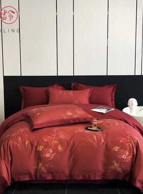 经TB697894典古美式棉风12复0S支长绒棉数码印花件套红色全床笠床