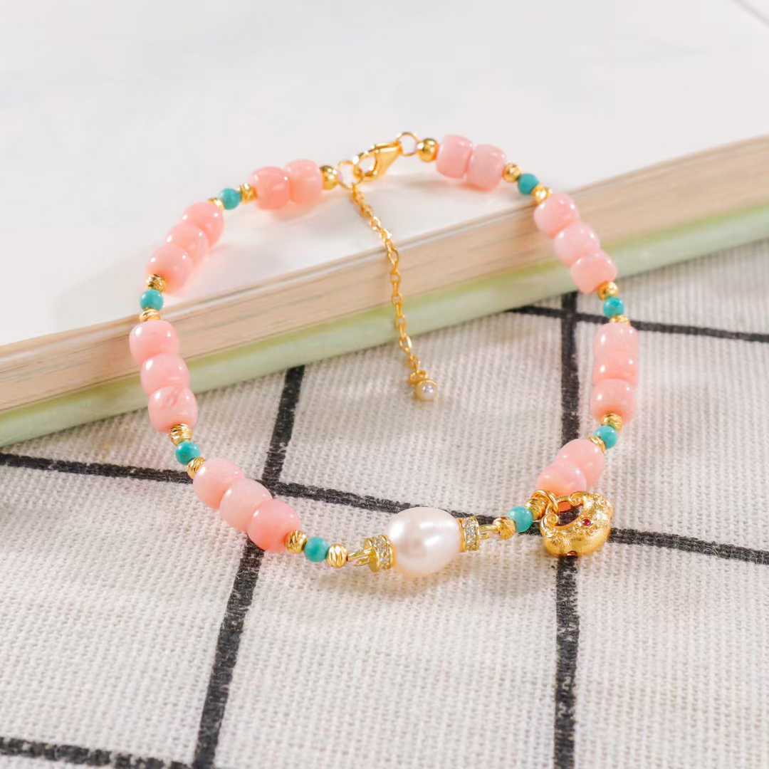 天然马粉水晶手串DIY原创设计松石澳宝直切珍珠双边如意锁滴溜款