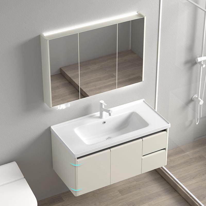 轻奢奶白色加厚不锈钢蜂窝铝双抽屉加大加深陶瓷一体盆浴室柜