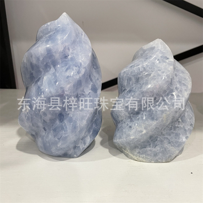 批发蓝晶火焰纹火炬雕刻摆件天青石原石打磨居家办公装饰品水晶工