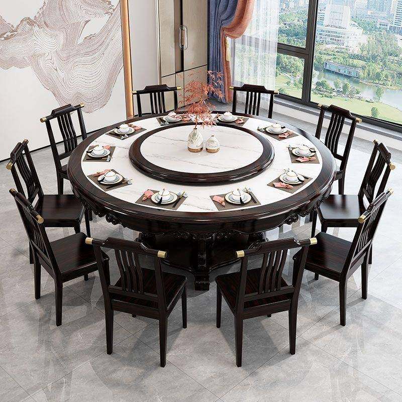 新中式仿古雕花实木餐桌家用酒店包厢10人12人16人实木岩板大圆桌