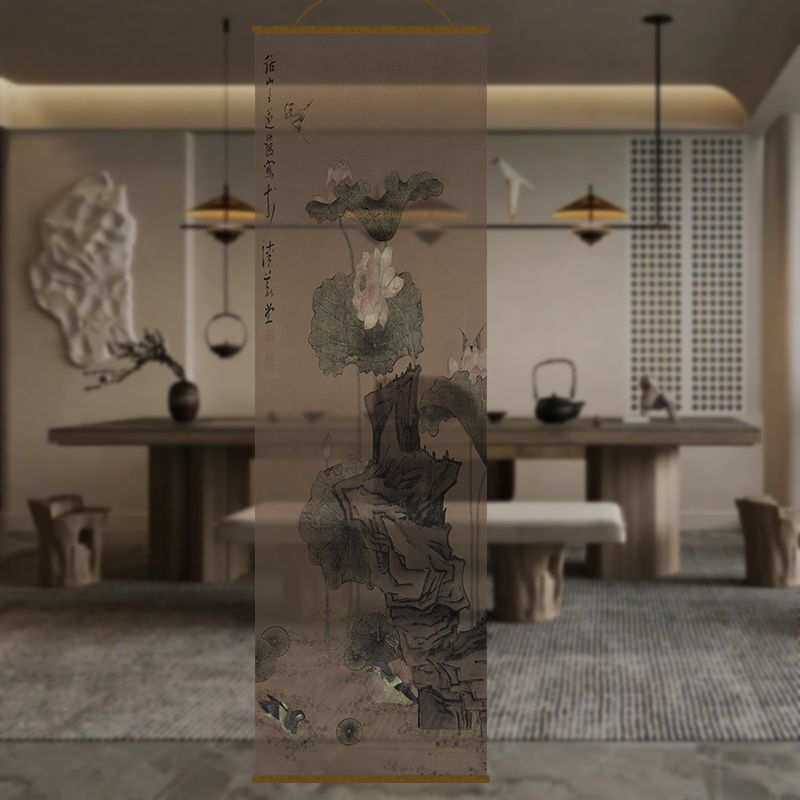 半透明荷花古风透景屏风纱中式卷帘隔断帘挂帘水墨窗帘透光纱帘