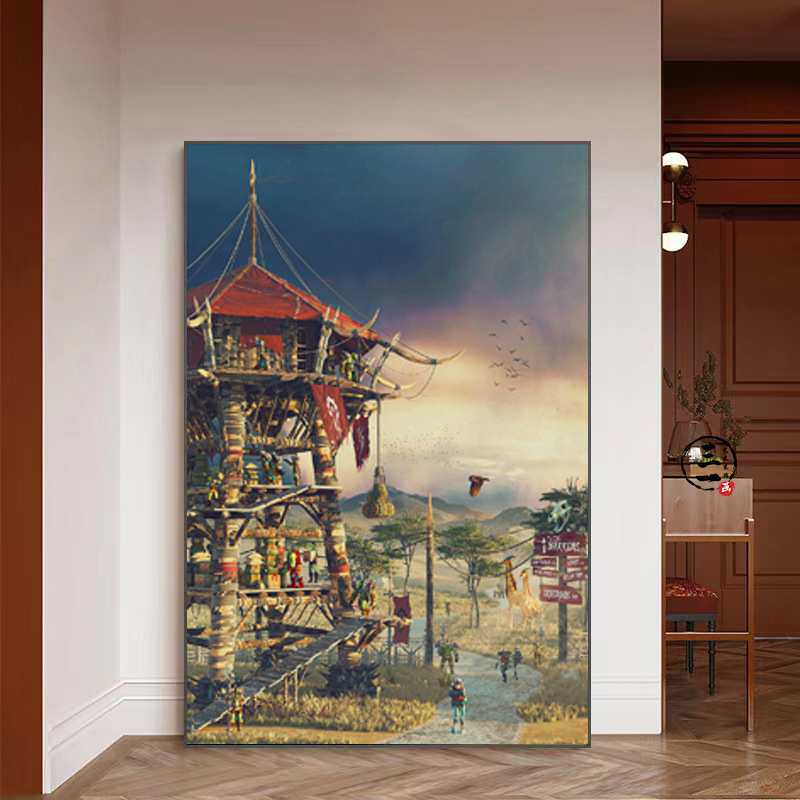 魔兽世界风景挂画纳格兰湖畔镇雷霆崖联盟部落墙画电竞卧室装饰画