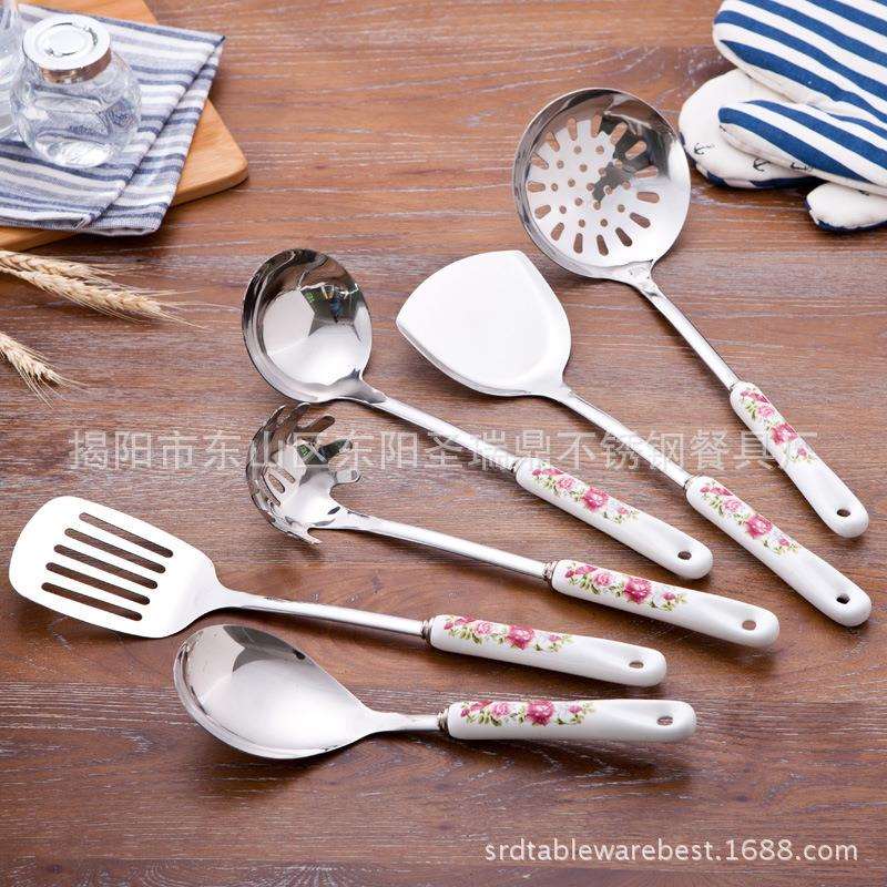 不锈钢厨具 韩式厨具勺铲套装 青花瓷陶瓷柄七件套 厨具