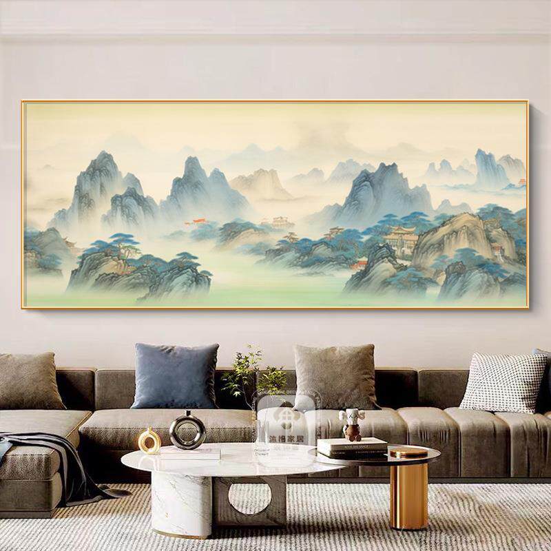 里江山图客厅装挂画横版背有背靠山壁画新千中式BXB沙发景墙山水