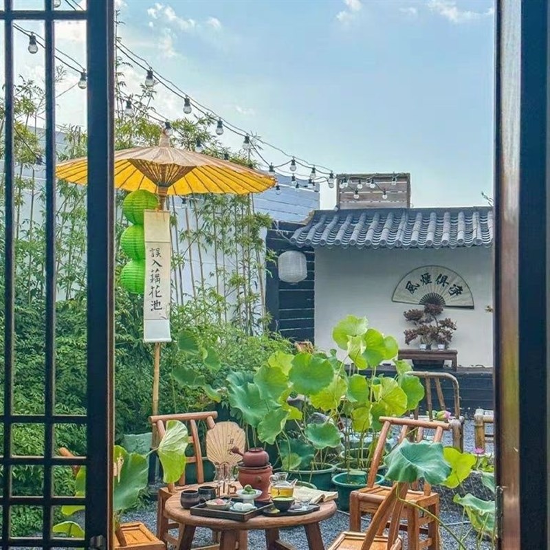 围炉冰茶桌煮茶原木圆桌火锅桌阳台家用茶桌小型家用