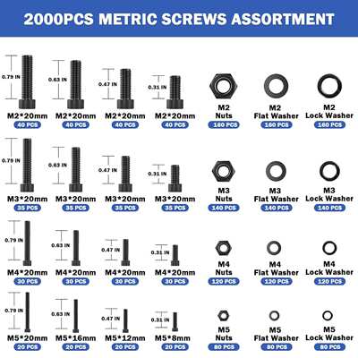 2000pcs螺丝套装12.级高强度杯头圆柱头内六角螺钉配螺母平垫盒装